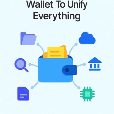 Illustration showing one information wallet unifying various digital elements.